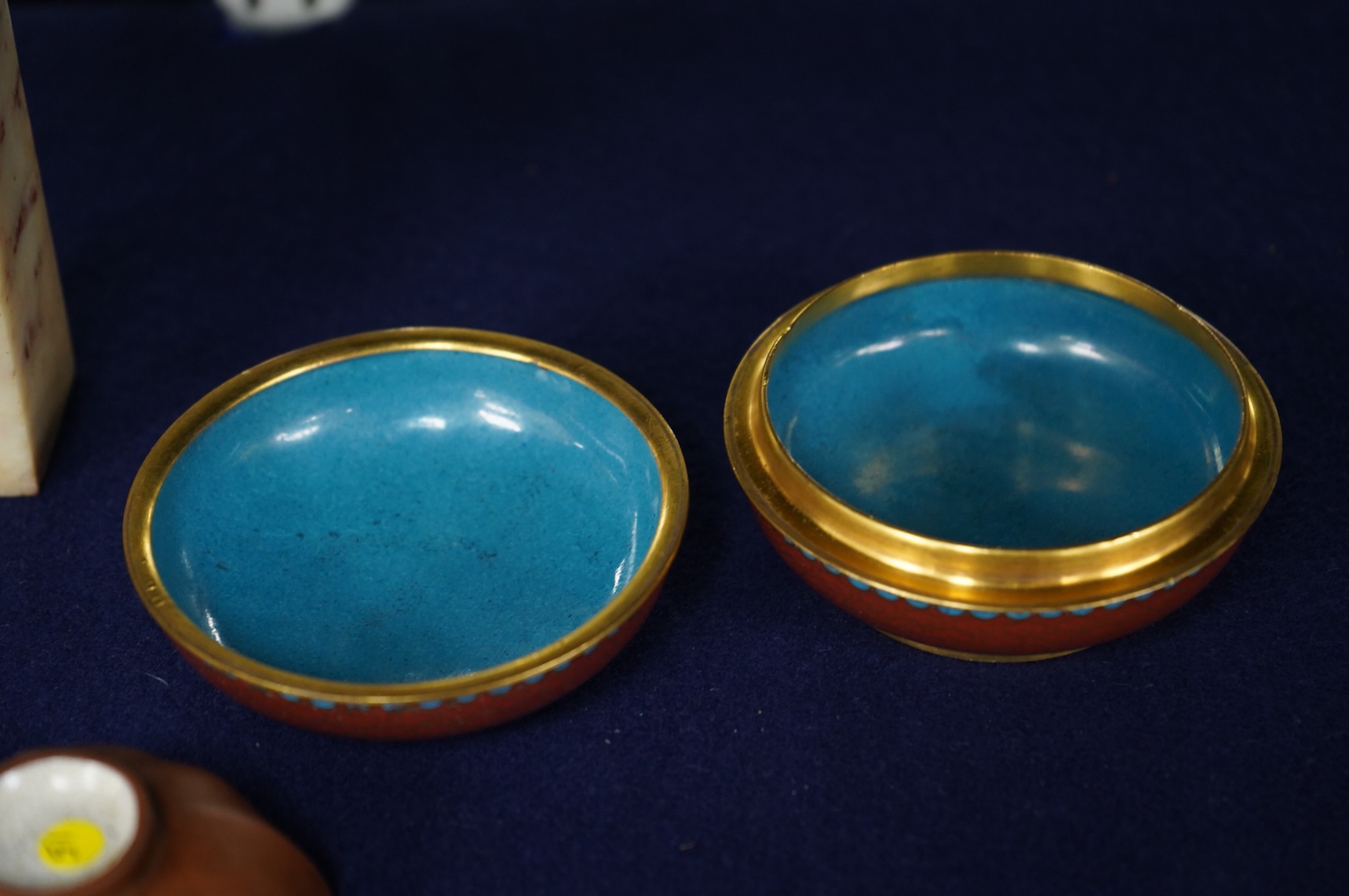 Two 18th century Yixing cups, a Chinese soapstone seal and two covered cloisonne pots, seal 11cm high